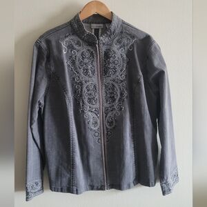 Chico's Platinum beaded and embroidered silver denim mockneck jacket Women's XL